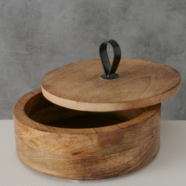 Cutie rotunda Kabir, lemn de mango, 19 cm