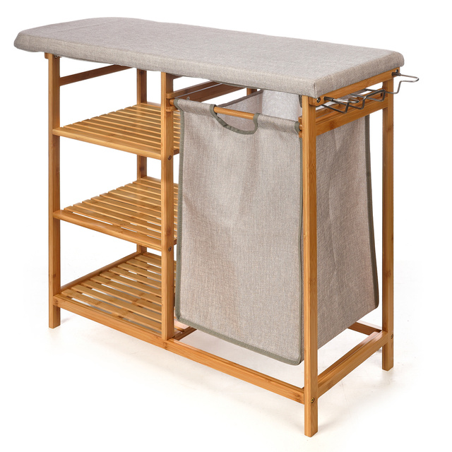 Comodă din bambus cu masă de călcat și coș de rufe BAMY, 111 x 34 x 82 cm