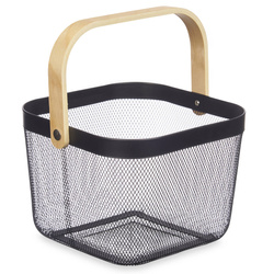 Coș din plasă neagră cu mâner din lemn