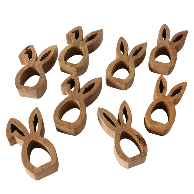 Inel pentru servetele in forma de iepuras de Paste Hops, lemn de mango, 4 bucati