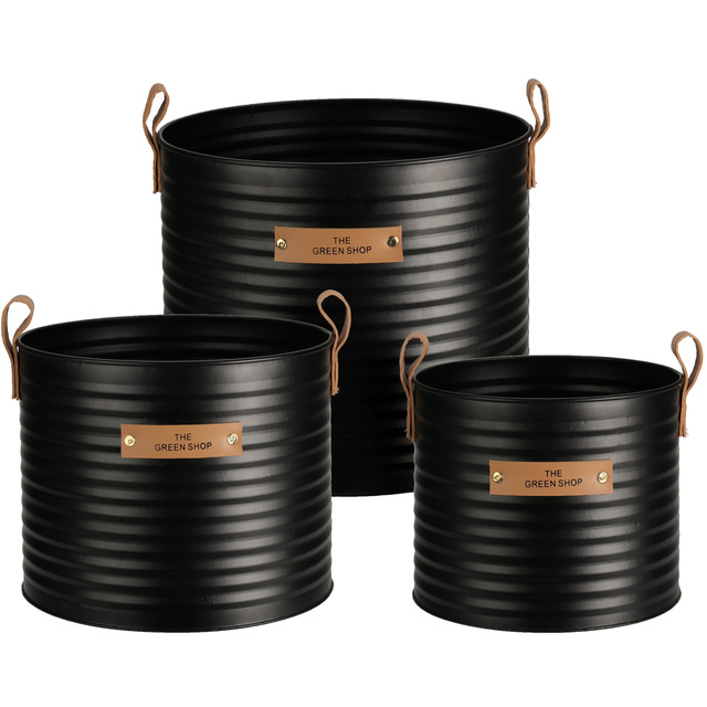 Vaze metalice negre The Green Shop, cutie cu manere si inscriptie, 3 bucati