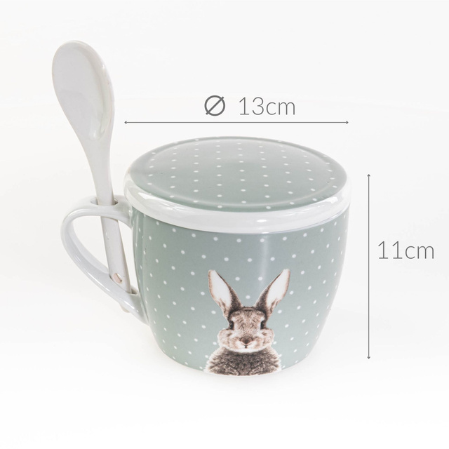 Cana cu capac si lingurita Fluffy, din portelan, iepuras, 600 ml