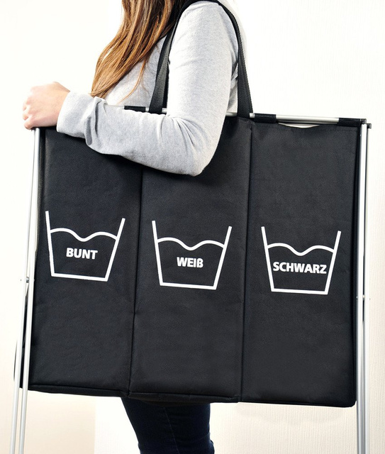 Coș pentru rufe 3 compartimente, Negru, 150 L.