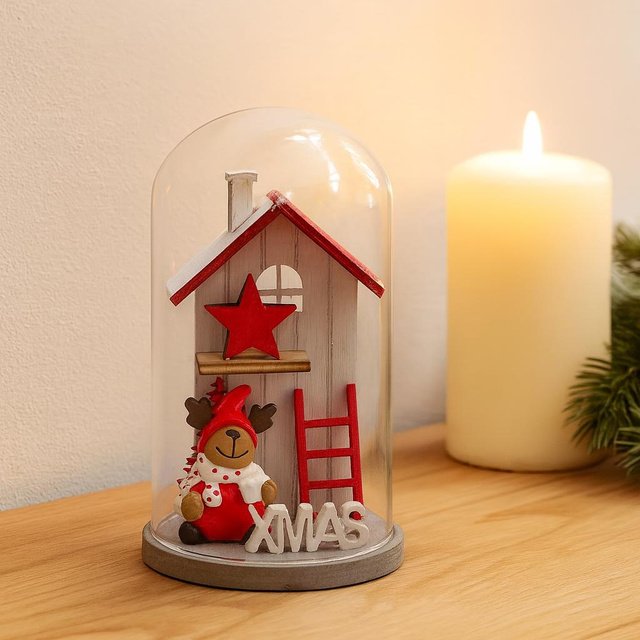 Glob de sticlă cu o casă de Crăciun din lemn, 12 cm