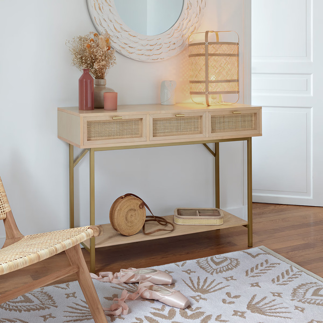 Consolă îngustă boho RAYO cu 3 sertare și împletitură vieneză