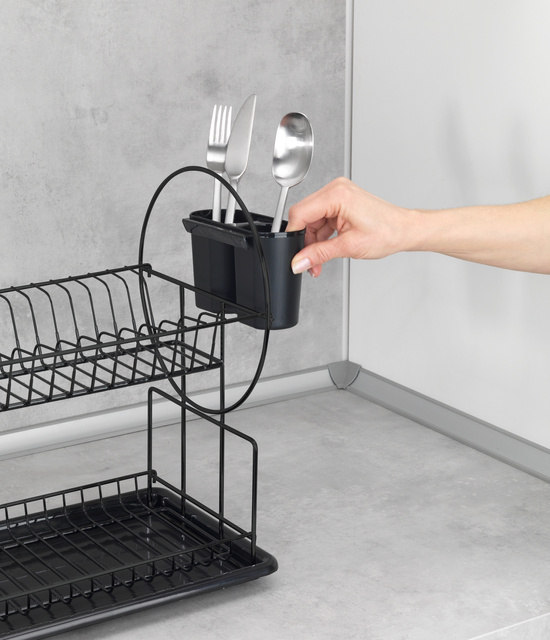 Uscător de vase Premium Duo WENKO, 2 niveluri de uscare și un recipient pentru tacâmuri cu două compartimente