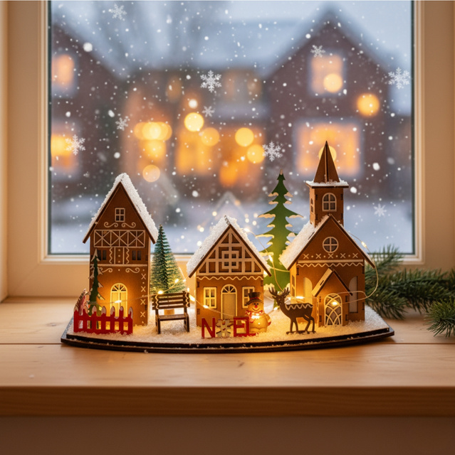 Lampion oraș de Crăciun, LED, 30 x 15 cm