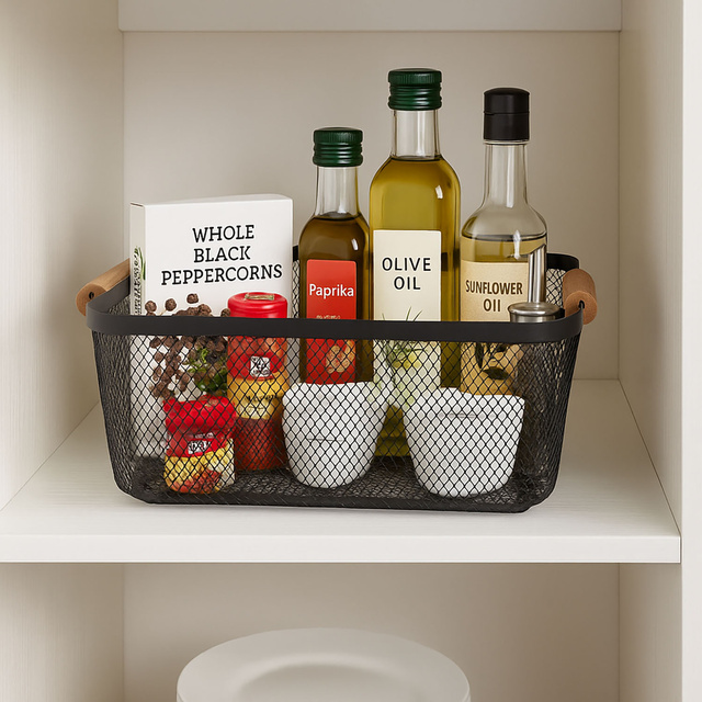 Coș metalic cu mânere din lemn, 35,5 x 23 x 16 cm