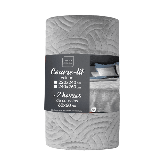 Set de lenjerie de pat din catifea SOLANGE, cuvertură + 2 fețe de pernă, gri