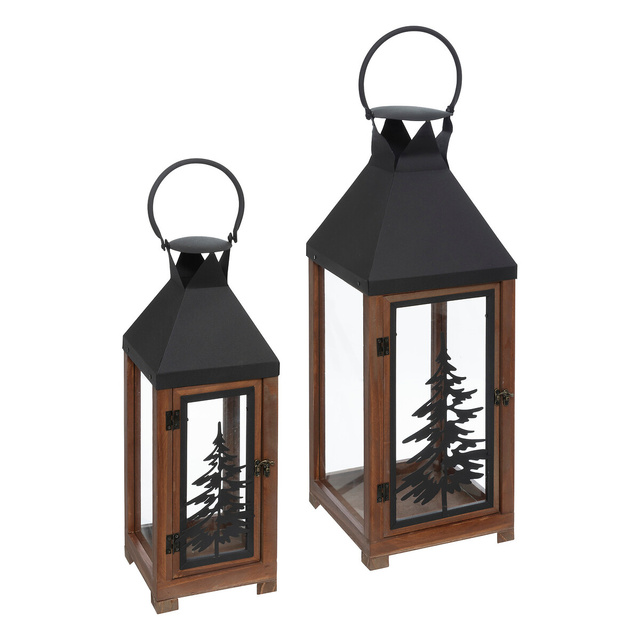 Felinare din lemn cu cadru metalic si maner, 2 bucati