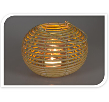 Felinar rotund din ratan cu suport din sticla