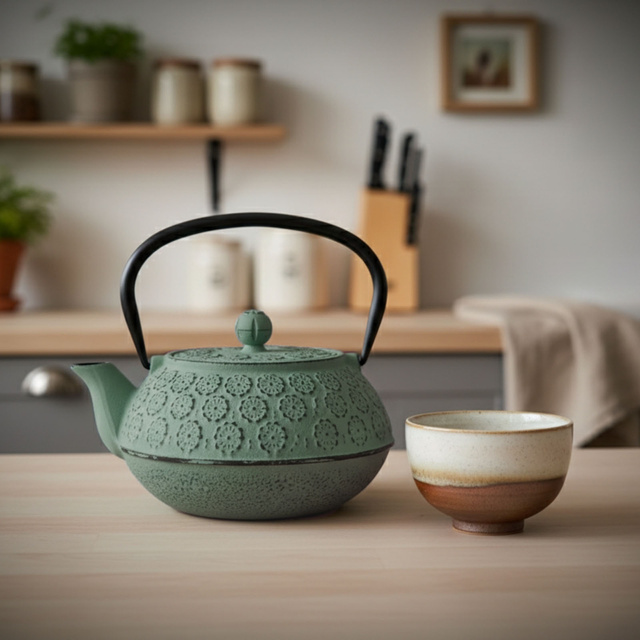 Ceainic din fontă cu infuzor KUMO, 1000 ml, verde deschis cu negru