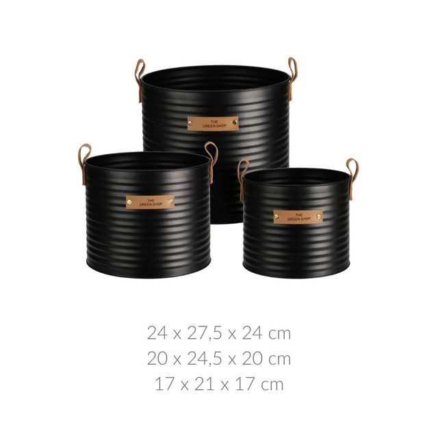 Vaze metalice negre The Green Shop, cutie cu manere si inscriptie, 3 bucati