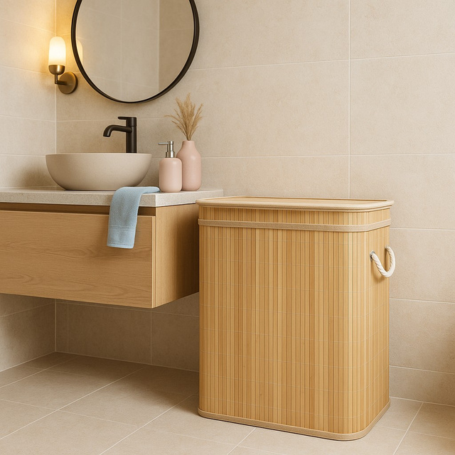 Coș de rufe din bambus, cu două compartimente, 100 l