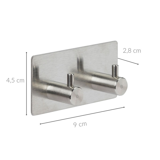 Cârlig autoadeziv STIKY+, 2 cârlige, oțel inoxidabil, 9 x 2,8 x 4,5 cm