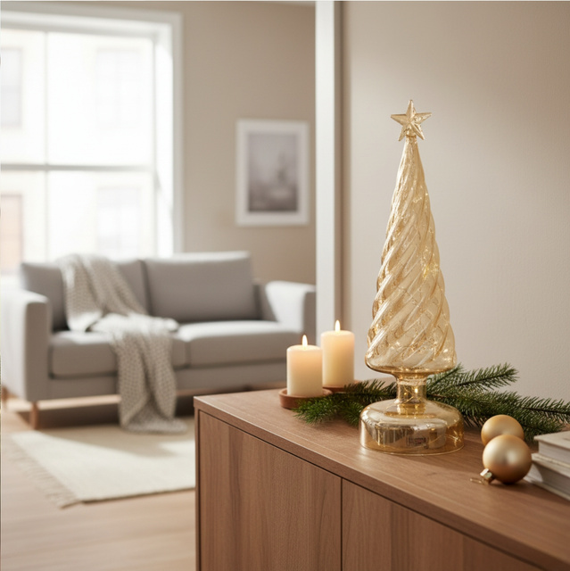 Brad de Crăciun auriu, decorat cu LED, 29,5 cm