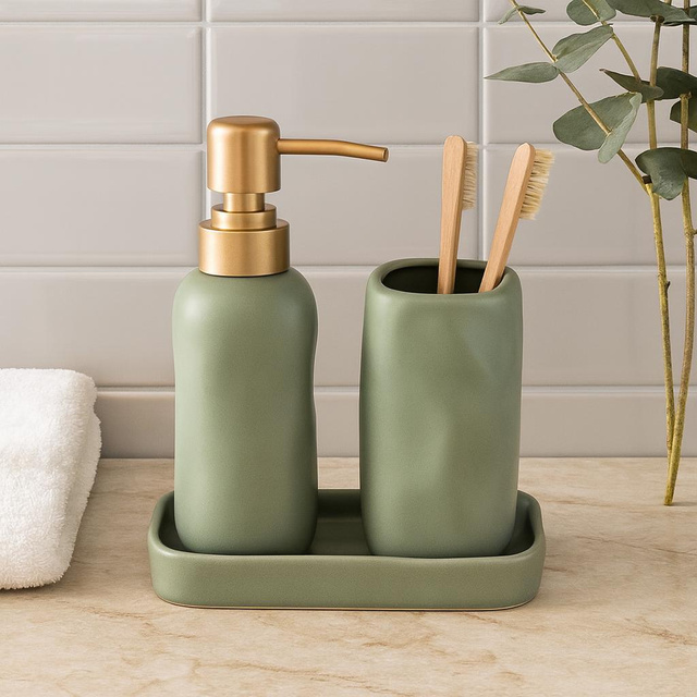 Set de baie EON, dozator ceramic cu pompă aurie, cană și tavă, verde