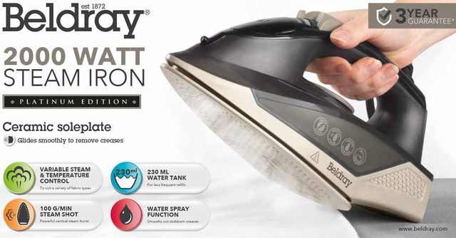 Fier de călcat cu aburi 2000 W Beldray, 100 g/min, 230 ml