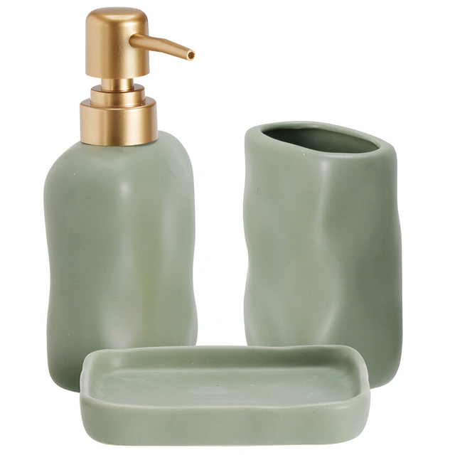 Set de baie EON, dozator ceramic cu pompă aurie, cană și tavă, verde