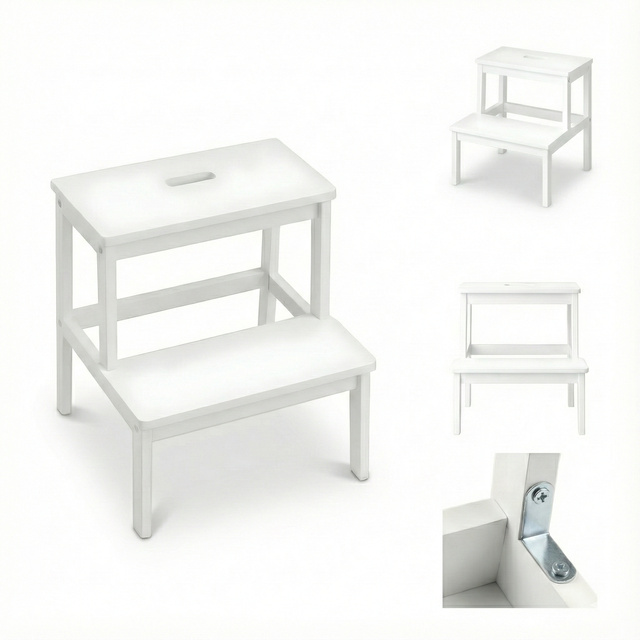 Taburet din bambus cu treaptă KROK, înălțime 46 cm, alb