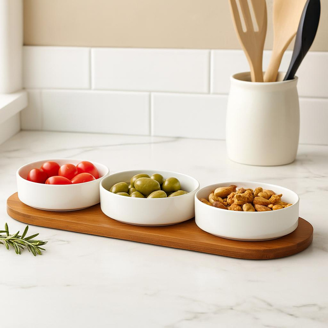Set de boluri din porțelan pentru servirea gustărilor APERIO, 3 x 390 ml, tavă din bambus