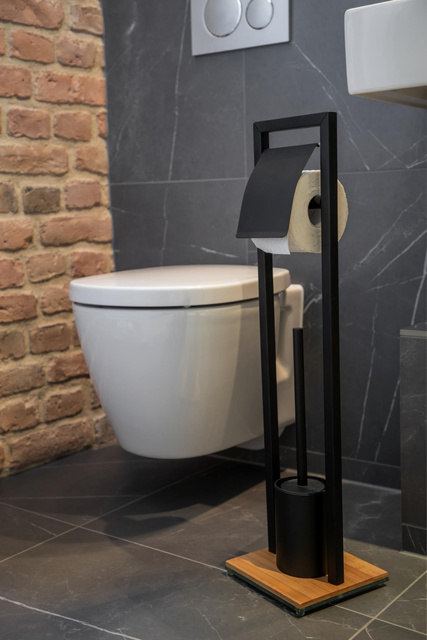 Suport pentru hartie igienica cu perie de toaleta BAMBOO, cu baza din bambus, negru, Wenko