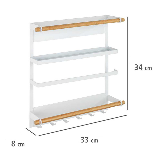 Raft de bucătărie MAGNA multifuncțional cu suport pentru prosoape de hârtie și cârlige, instalare fără găurire, alb, WENKO