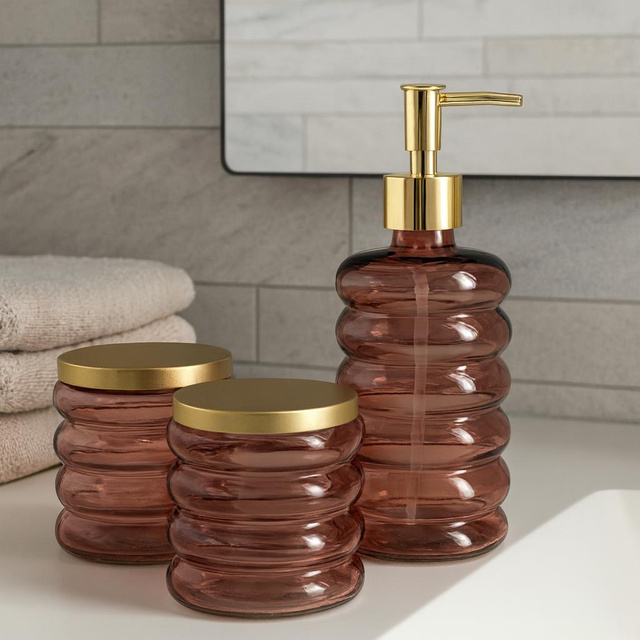 Set de baie HUM, dozator din sticlă, cană, recipient, 3 elemente, roz