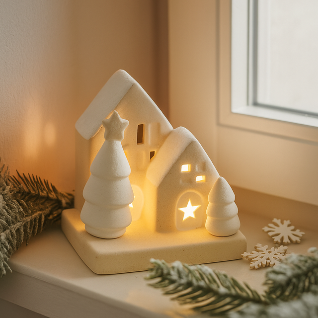 Decorațiune casă din ceramică cu iluminare LED, 10,5 cm