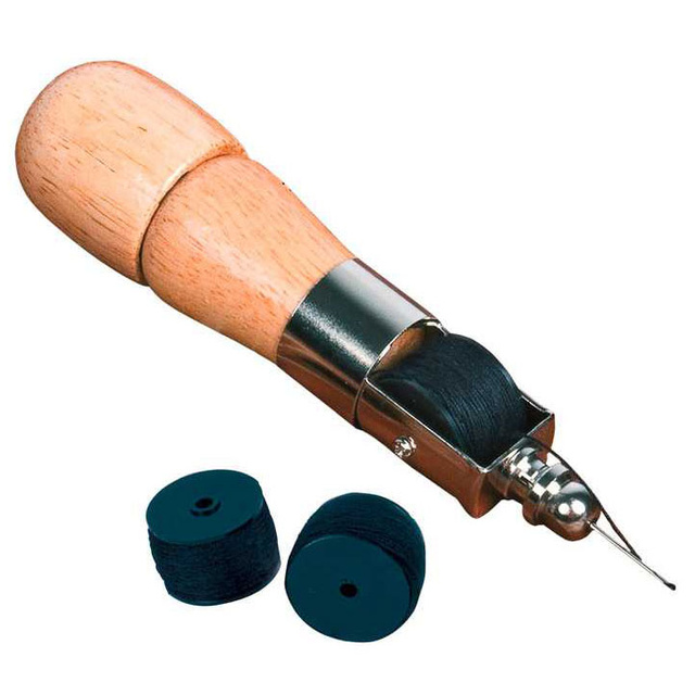 Croseta de cusut manual cu maner din lemn, 2 bobine de rezerva