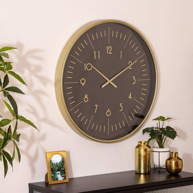 Ceas de perete negru cu ace aurii, ALFIE, mare, Ø 75 cm