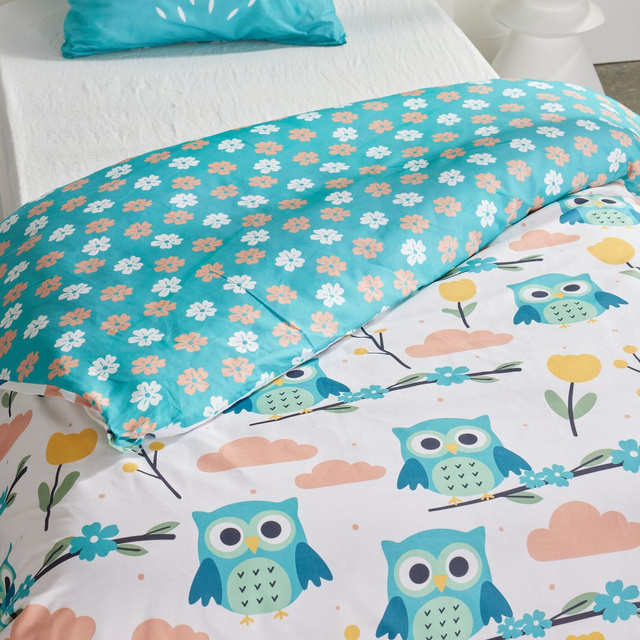 Lenjerie de pat pentru copii 140x200 cm LAZY MORNING, din bumbac, cu față de pernă cu urechi, bufniță