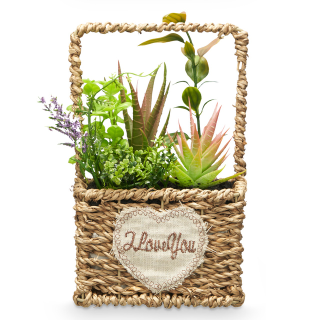 Suculente artificiale în coș împletit LOVE, 12 x 21 cm