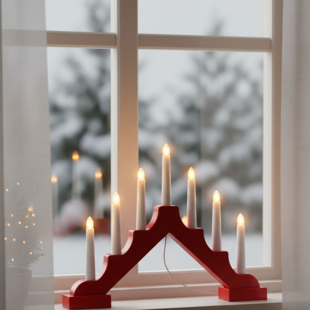 Candelă adventistă LED, 7 lumini, 29 cm, roșu