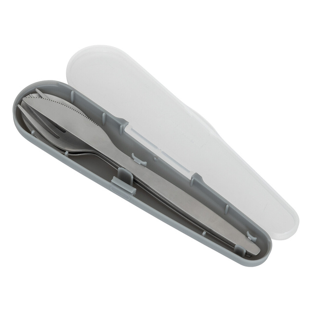 Set tacamuri turistice in husa: furculita, lingura, cutit din otel inoxidabil