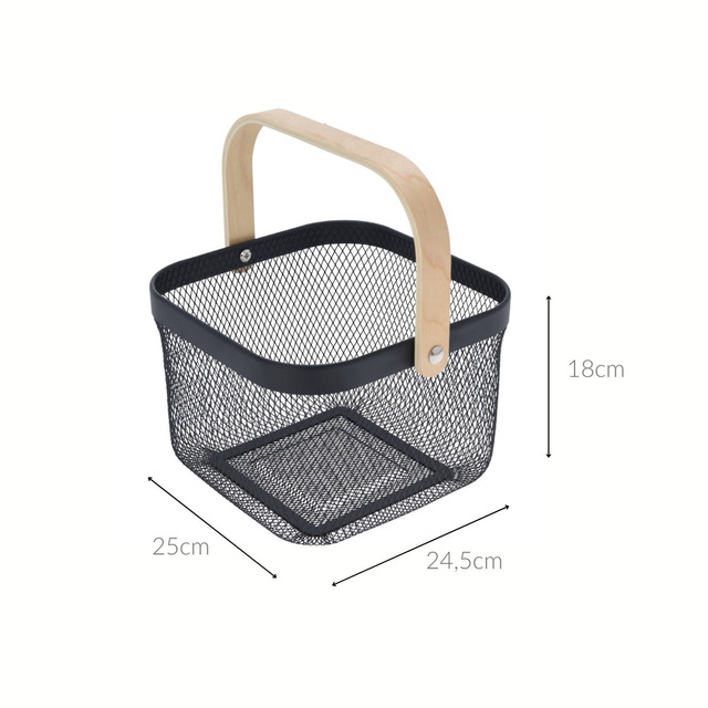 Coș metalic cu mânere din lemn, 25 x 24,5 x 18 cm