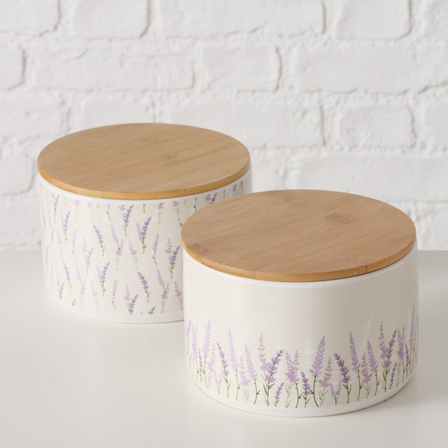 Recipient ceramic LAVANDER cu capac din bambus, Ø 16 cm