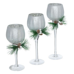 Suport pentru lumanari din sticla cu ramura de Craciun, 3 bucati