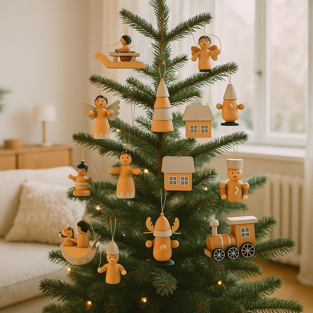 Set de jucării din lemn pentru brad, 12 buc.