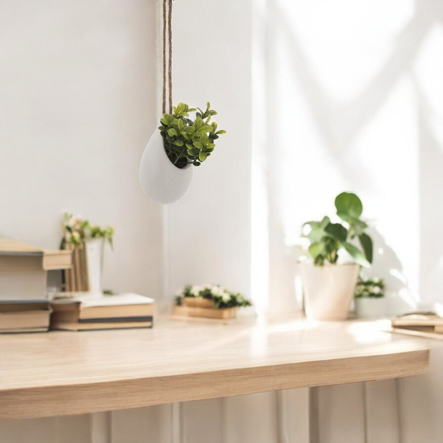 Flori artificiale in ghiveci, agatate pe o sfoara de iuta, 13 cm