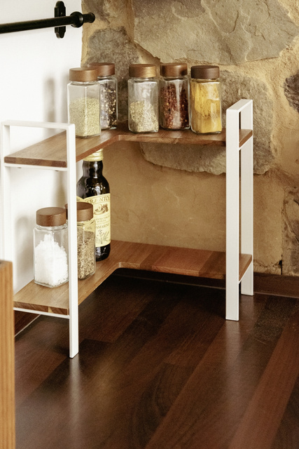 Coltar, raft bucatarie pe doua nivele pentru blat LOUISA, lemn de salcam