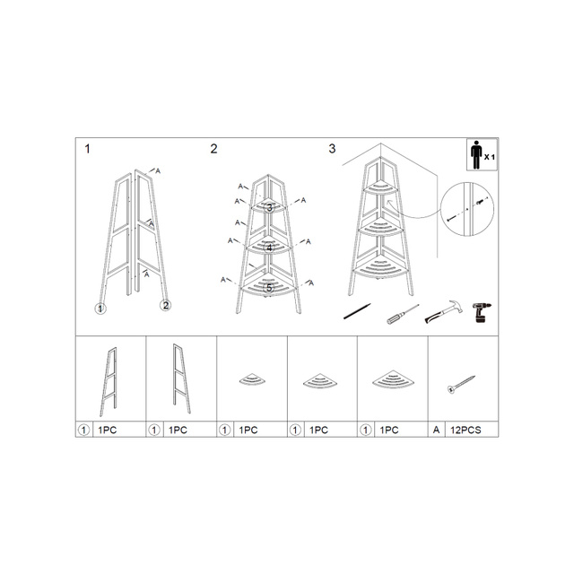 Raft de baie pe colț, bambus, 3 niveluri