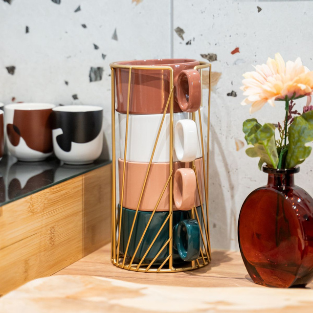 Set de 4 cești ceramice pe suport COLL, 250 ml