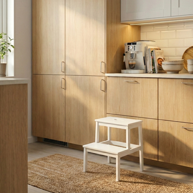 Taburet din bambus cu treaptă KROK, înălțime 46 cm, alb