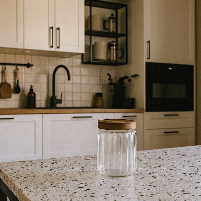 Recipient din sticlă pentru alimente HARMONY cu capac din lemn, 500