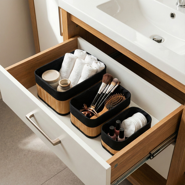 Set de coșuri de bambus pentru depozitare VINNO, negru