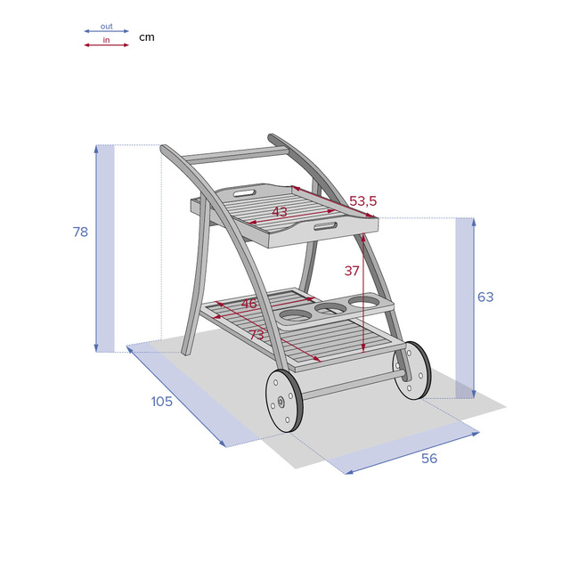 Bar de gradina cu roti TIWI cu tava detasabila, lemn de salcam