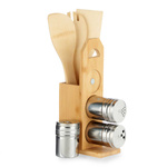 Set de accesorii de bucătărie într-un suport, cu recipiente metalice pentru condimente