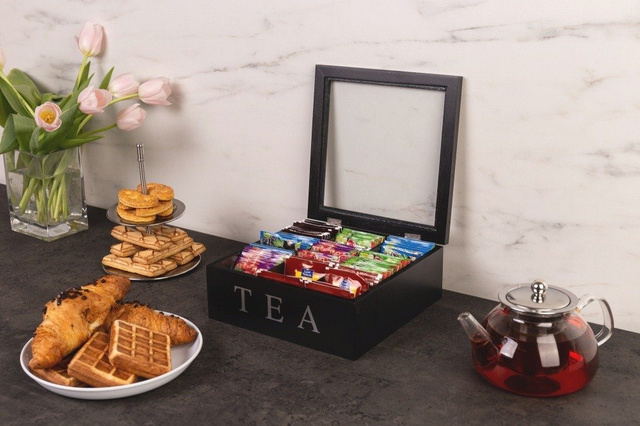 Cutie de ceai din lemn TEA, 9 compartimente, negru