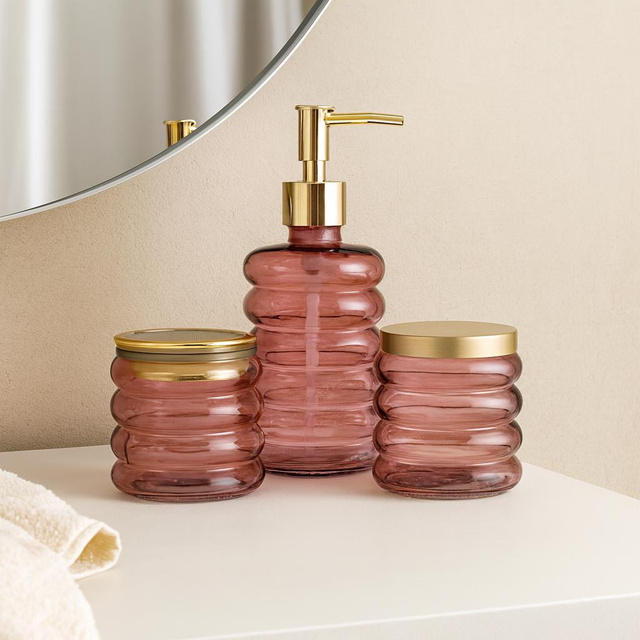 Set de baie HUM, dozator din sticlă, cană, recipient, 3 elemente, roz